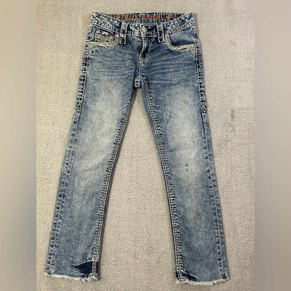 Rock Revival Janelle Capri Jeans Women’s 23 Bling Flap Pockets Distressed Stitch